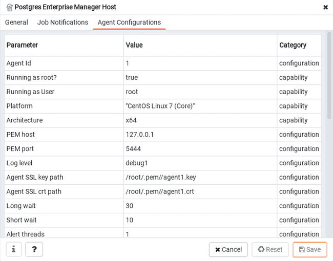 PEM Agent Properties dialog - Agent Configurations tab