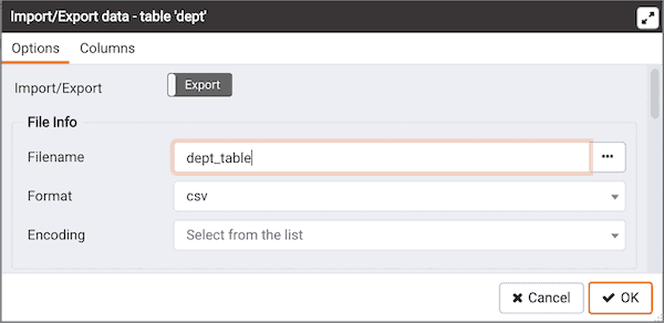 Import/Export data dialog - Options tab