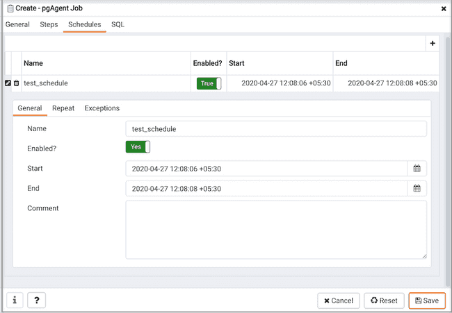 Create pgAgent Job dialog - Schedules tab - General tab