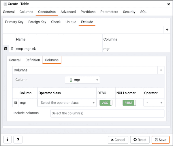 Create Table dialog - Constraints tab - Exclusion Constraint columns