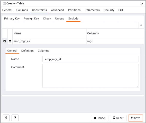 Create Table dialog - Constraints tab - Exclude constraint