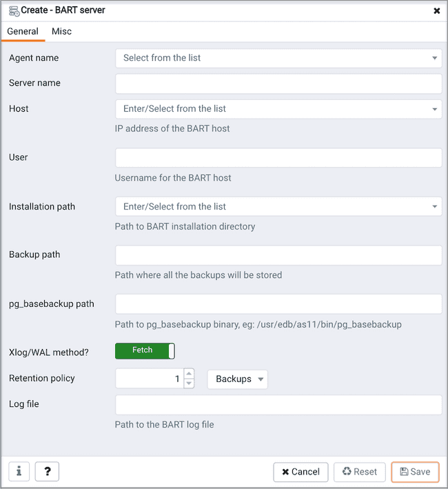 Create-BART server dialog - General tab