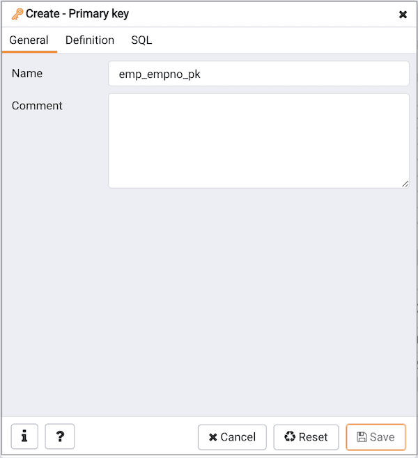 Create Primary Key dialog - General tab