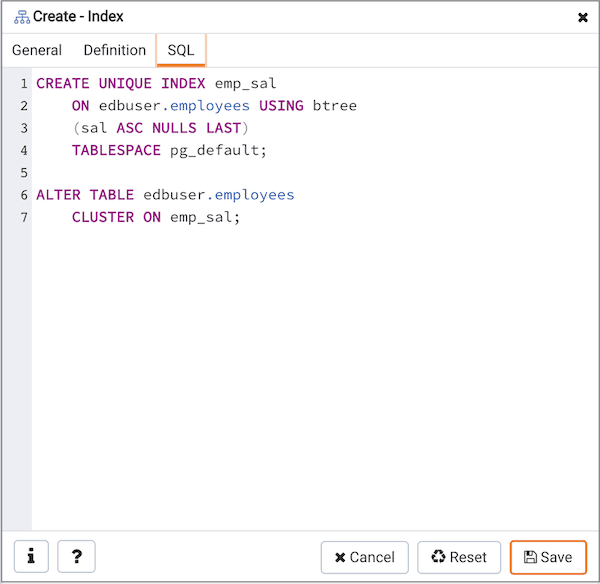 Create Index dialog - SQL tab