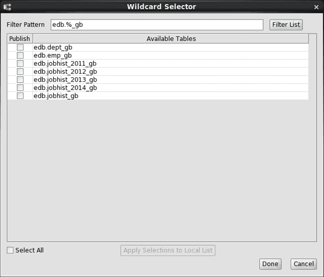 Tables matching a filter pattern