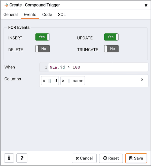 Create Compound Trigger dialog - Events tab