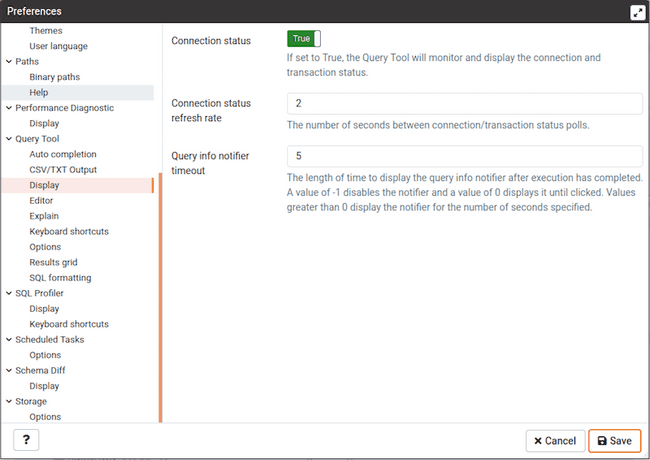 Preferences dialog - Query tool Display options