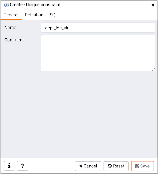 Create Unique Constraint dialog - General tab