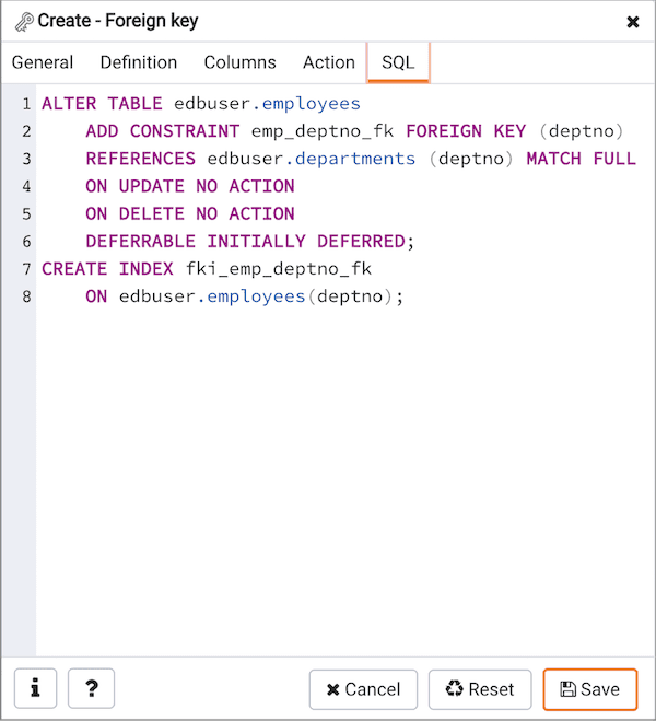 Create Foreign Key dialog - SQL tab