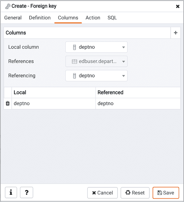 Create Foreign Key dialog - Columns tab