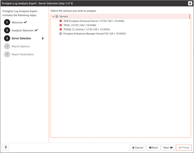 Postgres Log Analysis Expert Wizard - Select Servers page