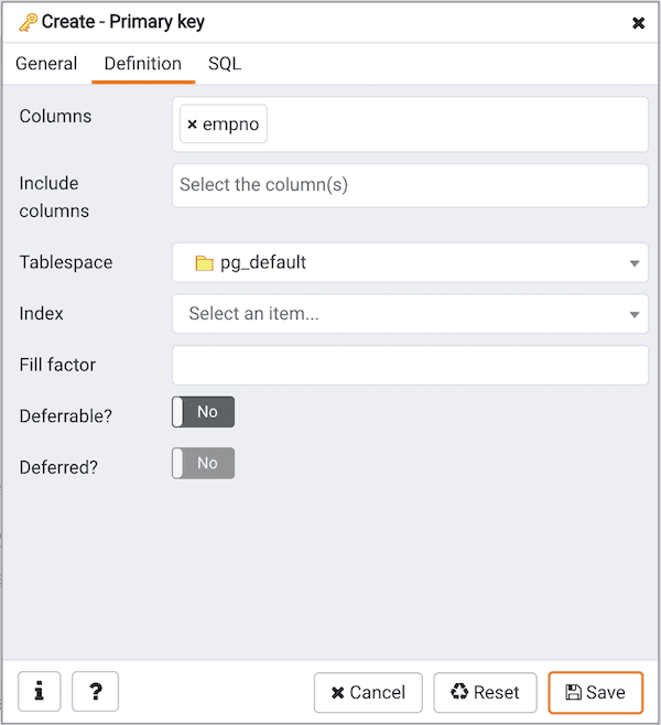 Create Primary Key dialog - Definition tab