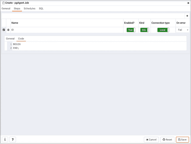 Create pgAgent Job dialog - Steps tab - Code tab