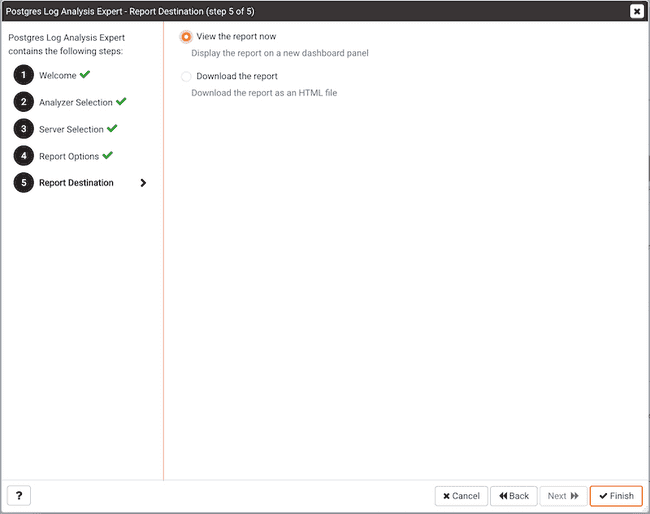 Postgres Log Analysis Expert Wizard - Report Destination page