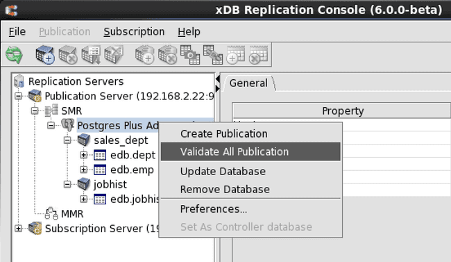 Validating all publications subordinate to a selected publication database