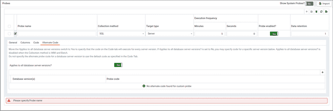 Custom Probes - Add New Probe - Alternate Code tab