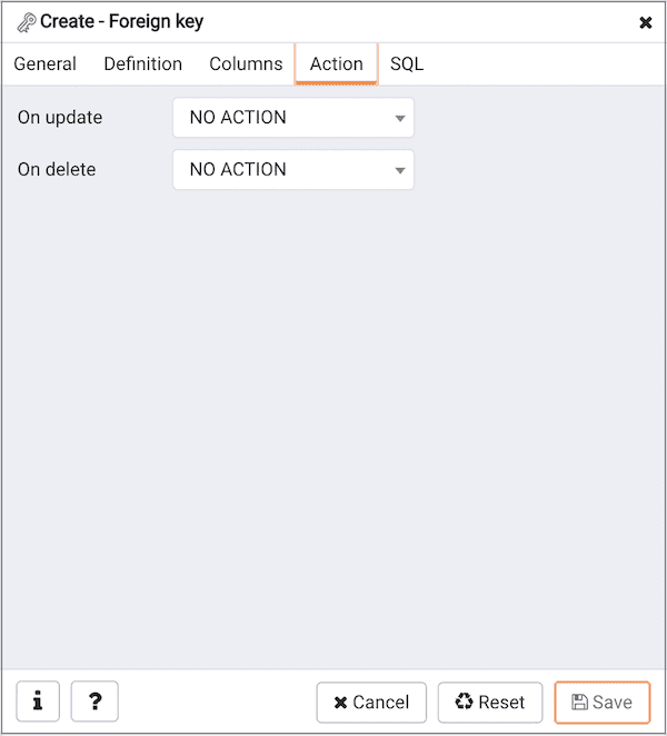 Create Foreign Key dialog - Action tab