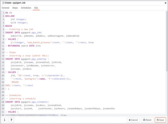 Create pgAgent Job dialog - SQL tab