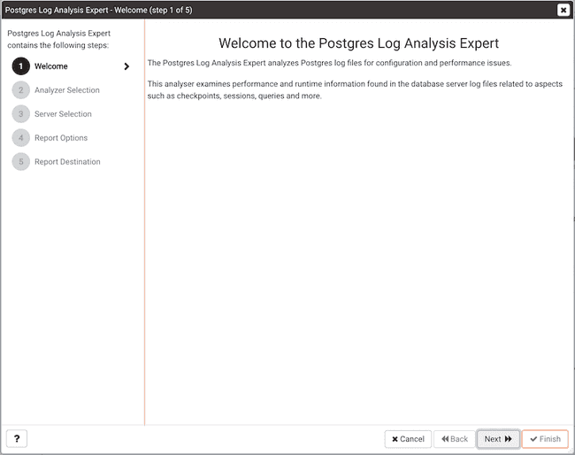 Postgres Log Analysis Expert Wizard- Welcome page