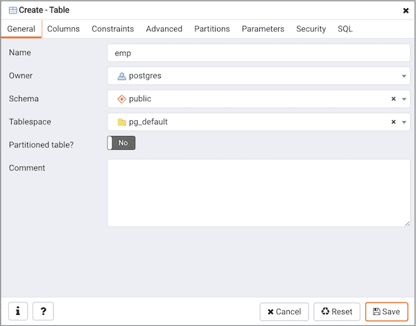 Create Table dialog - General tab