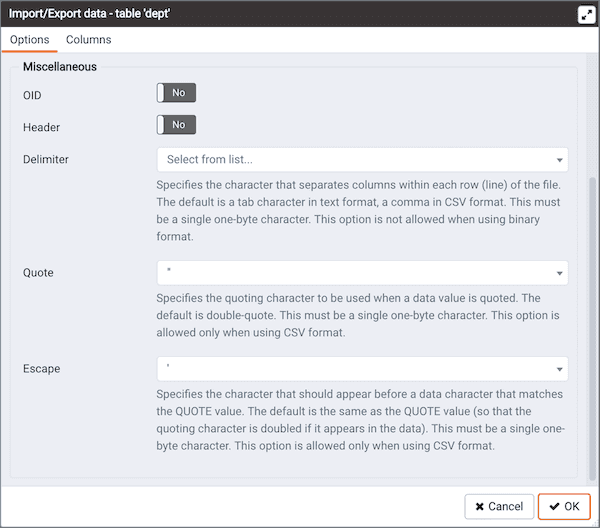 Import/Export data dialog - Miscellaneous tab