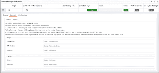 Schedule Backups dialog - Schedule Repeat tab