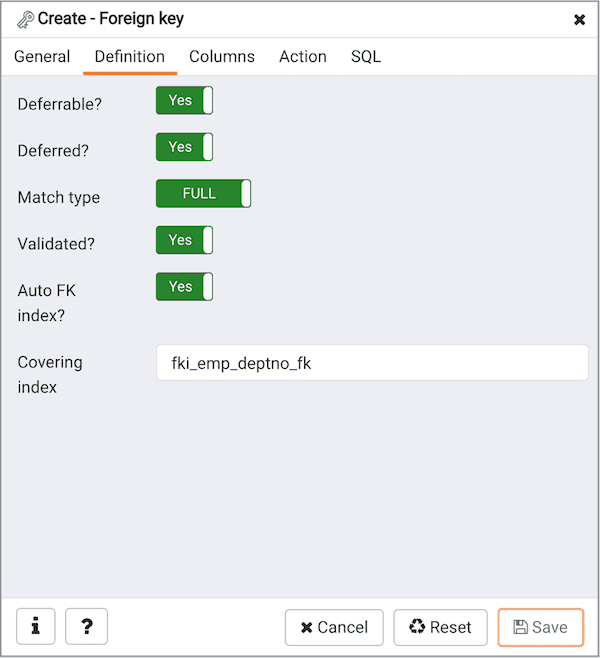 Create Foreign Key dialog - Definition tab