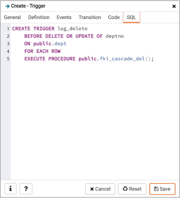 Create Trigger dialog - SQL tab