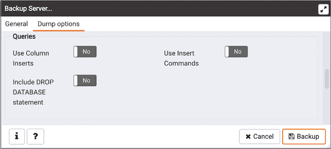 Backup Server dialog - Dump Options - Queries options