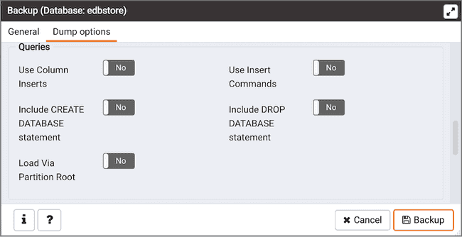 Backup dialog - Dump Options tab - Queries options