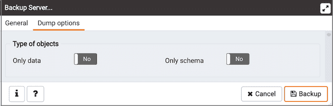 Backup Server dialog - Dump Options tab - Types of Objects