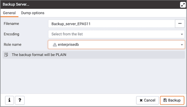 Backup Server dialog - General tab