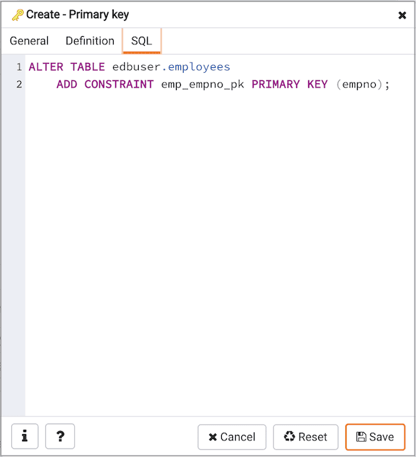 Create Primary Key dialog - SQL tab