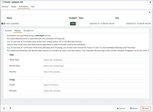 Create pgAgent Job dialog - Schedules tab - Repeat tab