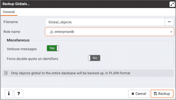 Backup Globals dialog - General tab